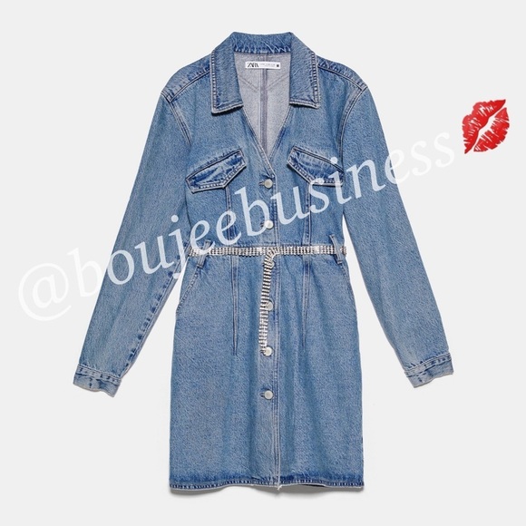 ZARA BNWT Denim Midi Dress with Bejeweled Belt - Picture 5 of 5